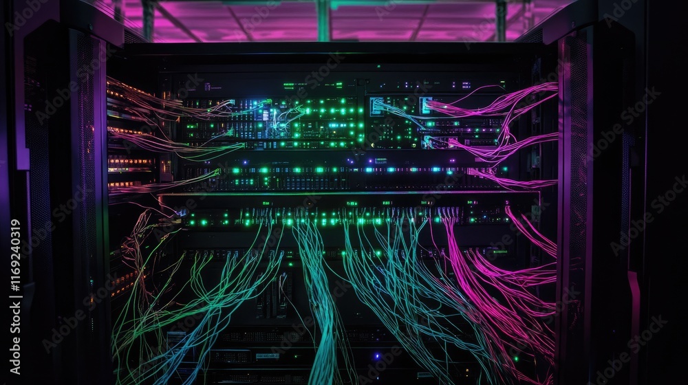 Poster A digital server displaying an advanced network visualization, with real-time data connections highlighting enhanced digital connectivity.