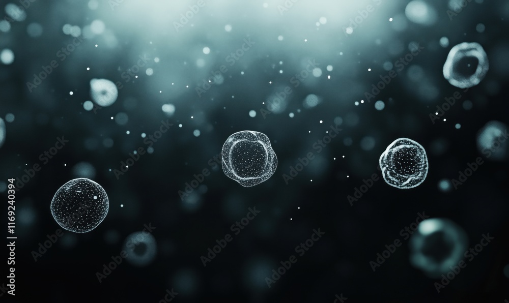 Poster microscopic view of floating cells in dark background, showcasing cellular structures and biological