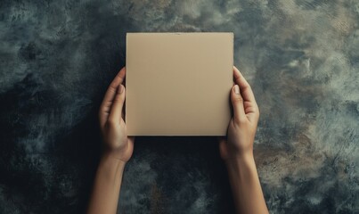 Naklejka premium Hands Holding Blank Beige Card on Textured Dark Background, Ideal for Mockups and Presentations