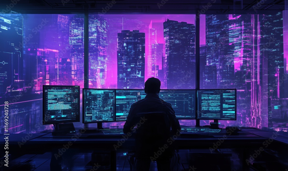 Poster futuristic cityscape with neon lights viewed from a high-tech control room featuring multiple screen
