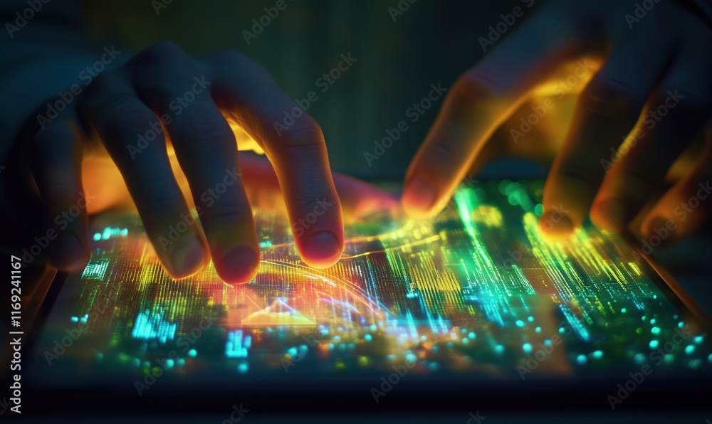 Poster futuristic digital interface interaction with glowing data visualization, hands manipulating vibrant