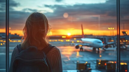 A traveler gazes out of the airport window at a runway during sunset, with an airplane ready for departure, symbolizing the beginning of a journey