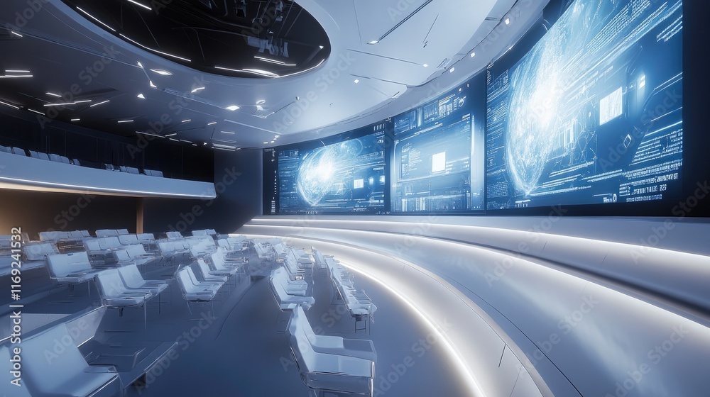 Aufkleber A futuristic design of a digital lecture hall, highlighting engagement through large display panels and immersive learning technology.