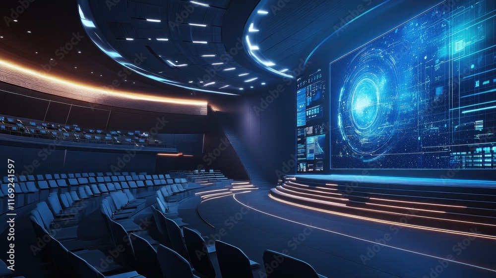 Aufkleber A futuristic design of a digital lecture hall, highlighting engagement through large display panels and immersive learning technology.