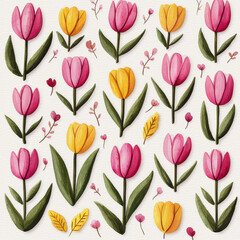 Tulips Watercolor of Bright pink and yellow tulips arranged in a balanced pattern on a white background, Colorful floral pattern featuring pink and yellow tulips among delicate leaves