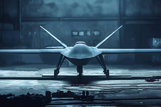 Modern military ucav drone parked inside a hangar, showcasing advanced aviation technology and highlighting the evolution of remote-controlled warfare and defense systems