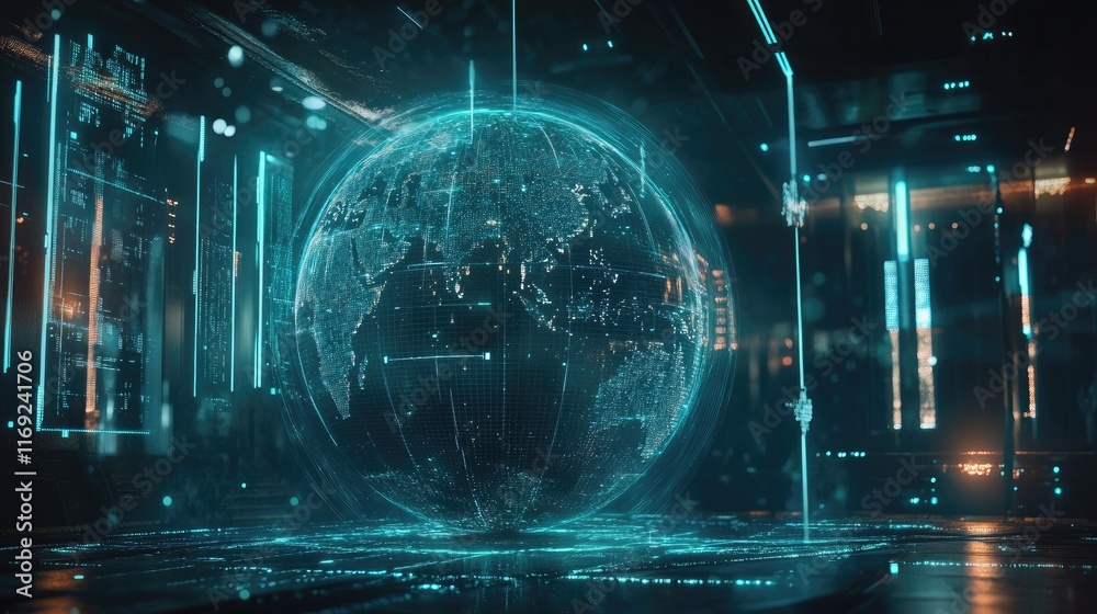 Poster A futuristic digital globe with interconnected telecommunication lines, representing the evolution of global connectivity and data sharing.