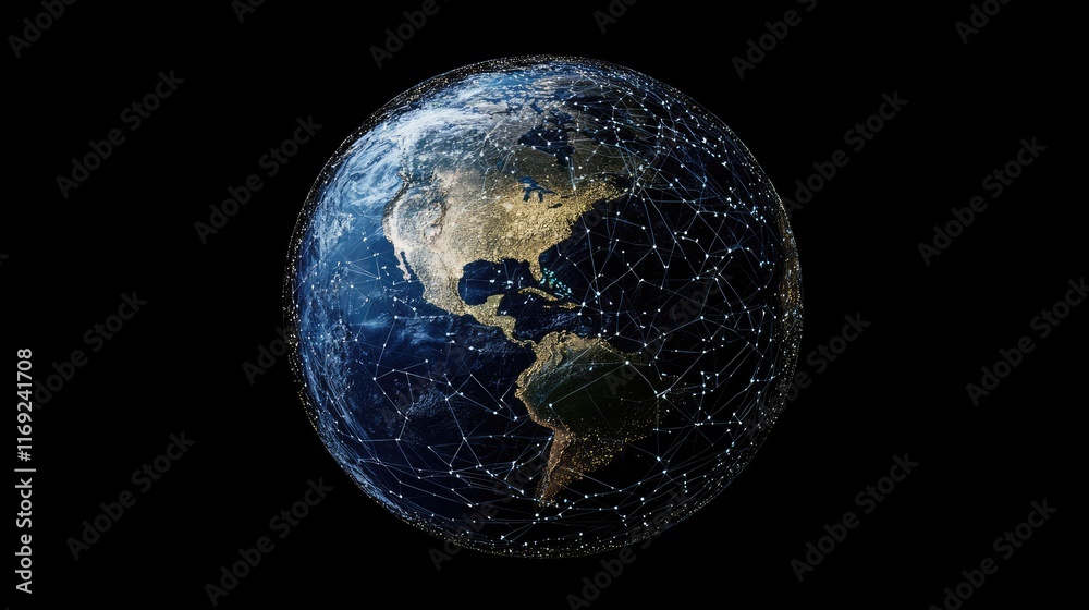 Poster A futuristic digital globe with interconnected telecommunication lines, representing the evolution of global connectivity and data sharing.