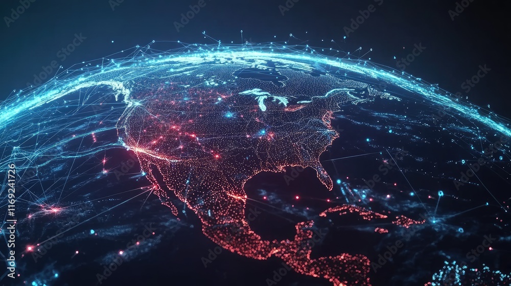 Poster A futuristic digital globe with interconnected telecommunication lines, representing the evolution of global connectivity and data sharing.