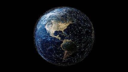 A futuristic digital globe with interconnected telecommunication lines, representing the evolution of global connectivity and data sharing.
