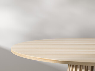 Close up to the minimal wooden table with Soft Sunlight and Shadows on Wall Background. Space for product presentation display. 3D illustration