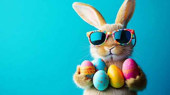 Funny Easter Bunny with Colorful Eggs