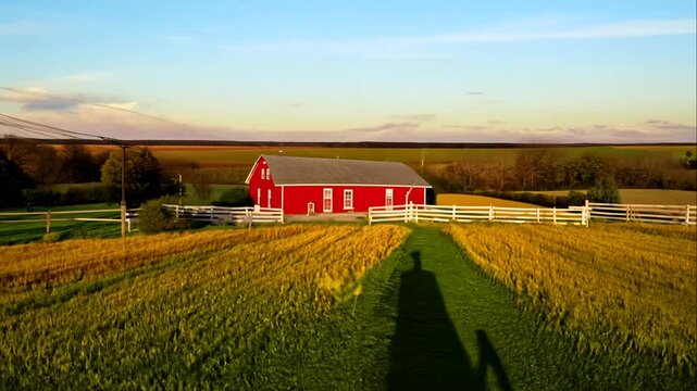 Scenic View of a Red Barn Surrounded by Lush Green Fields and Crops Under a Clear Sky at Sunset, Highlighting the Beauty of Rural Life in America
