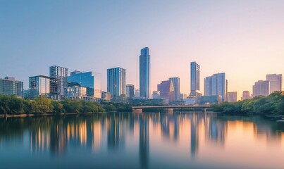 Fototapeta premium Austin skyline reflection at sunrise over Lady Bird Lake, showcasing modern architecture and vibrant city life