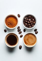 Different stages of coffee preparation with ground coffee and brewed coffee