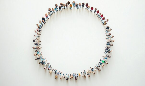 Diverse group of people forming a circle, showcasing unity and collaboration in a modern setting, aerial view, minimalistic background