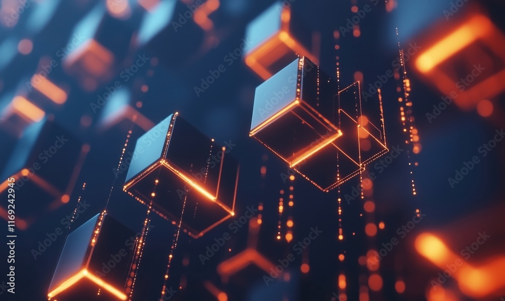 Poster futuristic digital cubes with glowing edges and cascading light particles, representing advanced tec