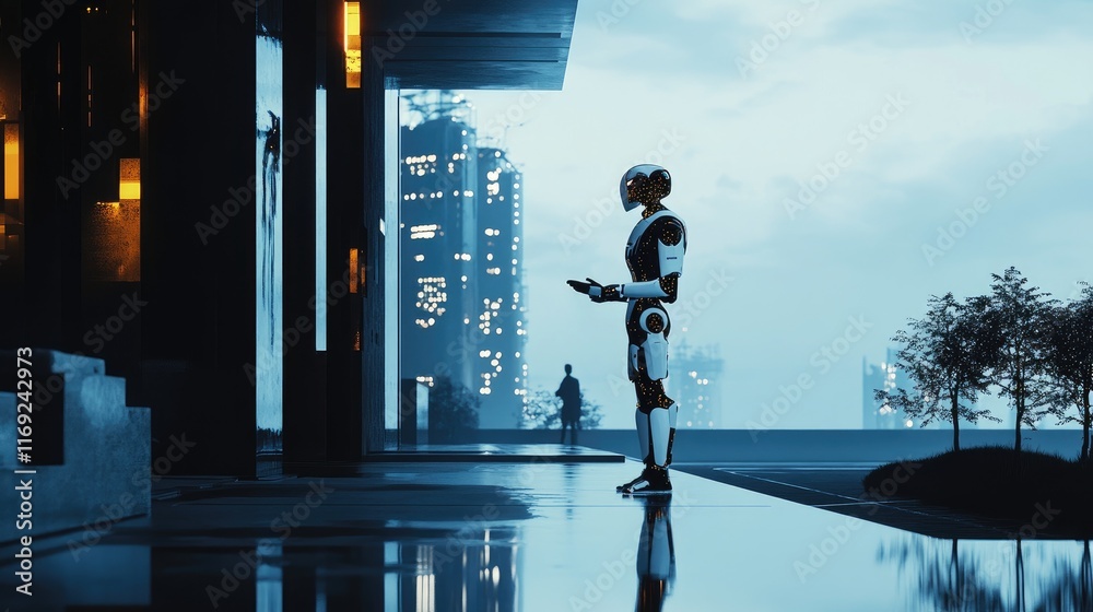Poster A futuristic scene where a person talks to a robotic AI, representing the intersection of human interaction and cutting-edge AI technology.