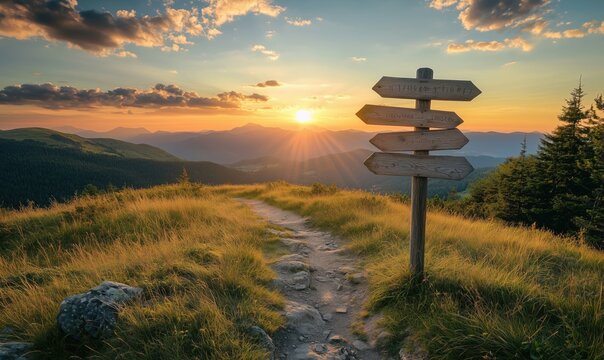 Scenic Mountain Trail Signpost at Sunset with Vibrant Sky and Lush Greenery
