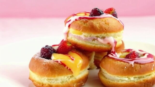 Berry citrus stack of cronuts with alternate fresh fruit slices, glaze drizzles, and pastel pink and yellow for a cheerful summer theme