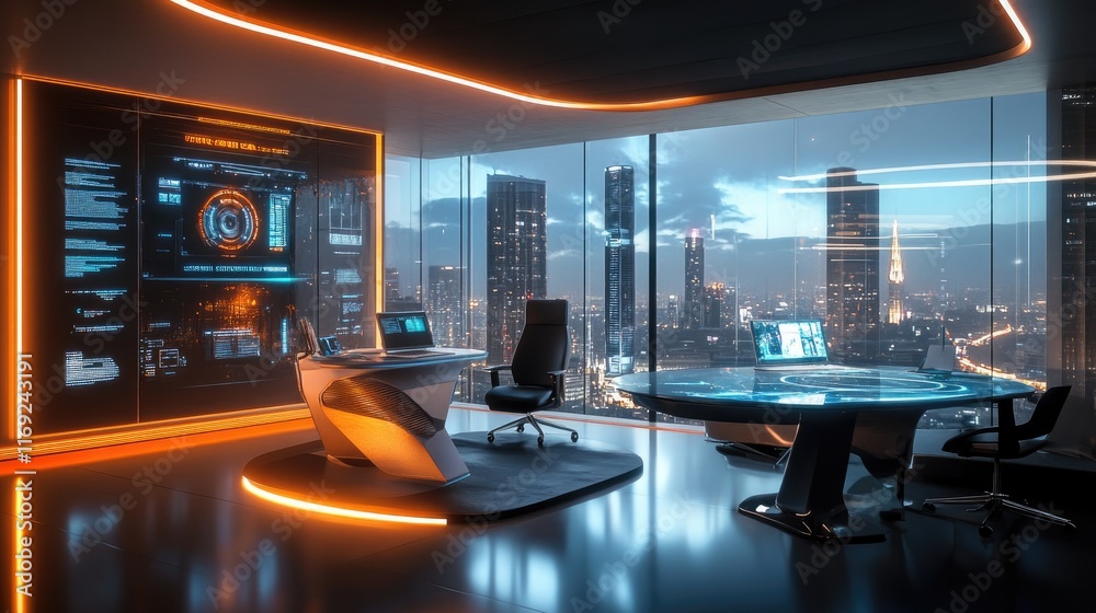 Poster a futuristic workspace with holographic tools and seamless hybrid learning environments, showcasing 