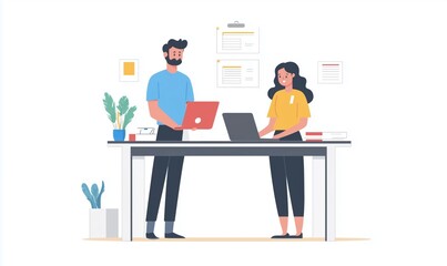 Collaboration in Modern Office Environment with Two Professionals Engaged in Work, Laptop and Documents on Desk, Indoor Plants in Background