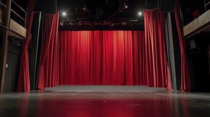 Empty theater stage with red velvet curtains.