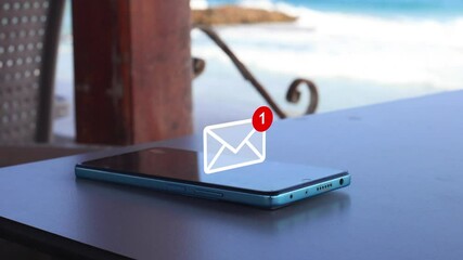 Email Notification Pop up on Mobile Phone Screen in Public Area. Business Message and Communication Concept . Closeup Angle Perspective View