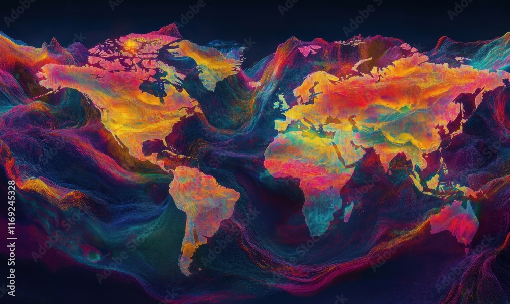 Poster vibrant abstract world map with colorful waves and patterns representing global diversity and connec