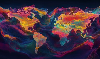 Vibrant Abstract World Map with Colorful Waves and Patterns Representing Global Diversity and Connectivity