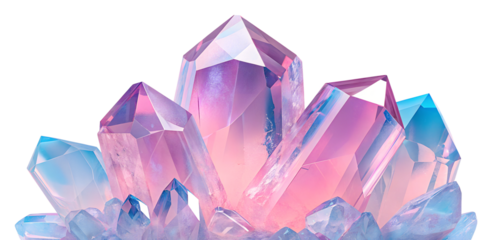Vibrant Multicolored Quartz Crystal Clusters - Colorful quartz crystal formations with gradients of pink, blue, and purple hues, isolated on a white background for design use.