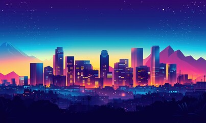 Fototapeta premium Vibrant city skyline at dusk with mountains and starry sky, showcasing modern architecture and colorful lights