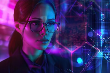 Woman in glasses, futuristic tech backdrop