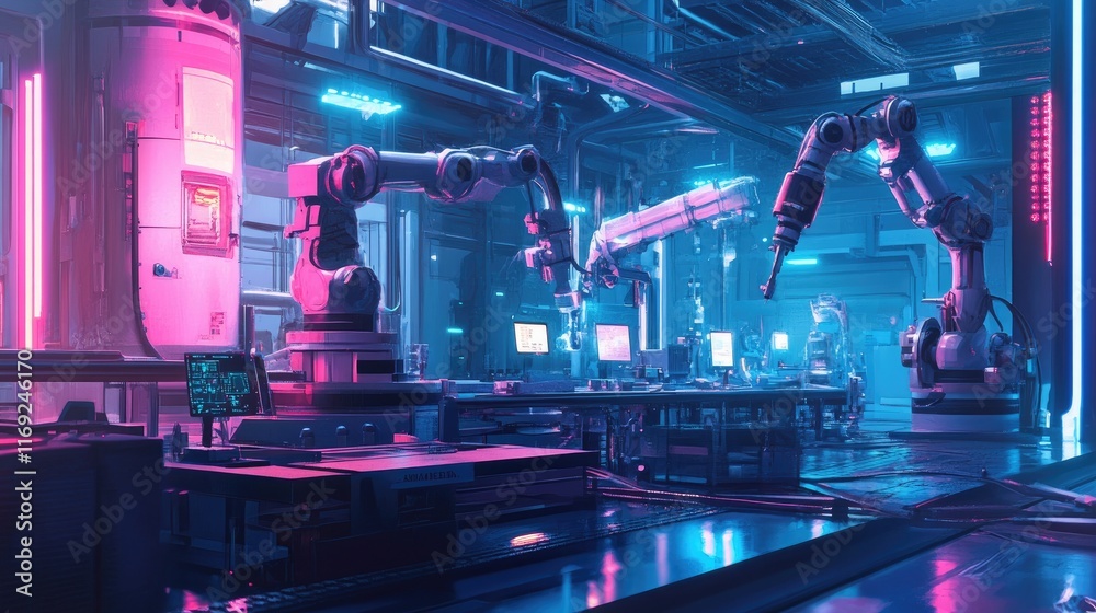 Poster A high-tech factory floor with robotic arms in action, demonstrating the power of automation and modern industrial technology.