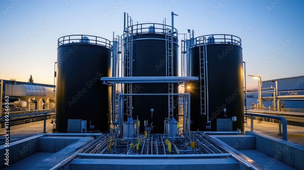 Poster a high-tech industrial plant with three large tanks and intricate piping, showcasing a sleek and eff