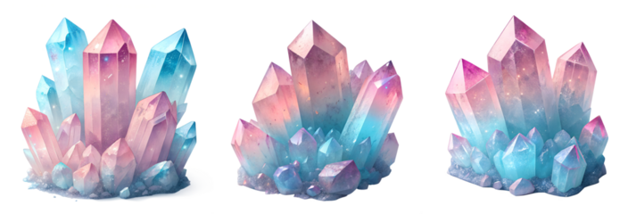 Vibrant Multicolored Quartz Crystal Clusters - Colorful quartz crystal formations with gradients of pink, blue, and purple hues, isolated on a white background for design use.