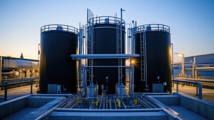 Obraz premium A high-tech industrial plant with three large tanks and intricate piping, showcasing a sleek and efficient storage system.