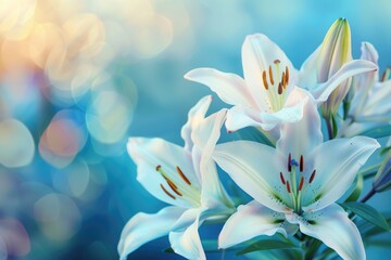 Obraz premium Closeup of white blue lilies on bright background with highlights.