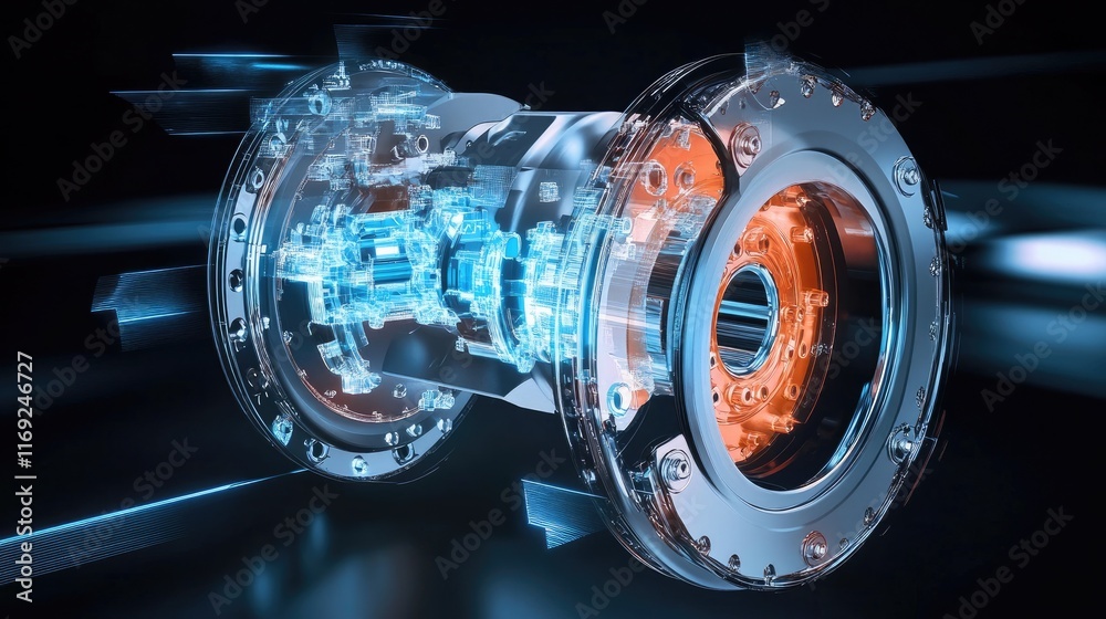 Poster a holographic representation of a vehicle's braking system, featuring detailed internal components a