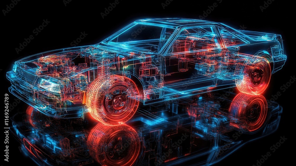 Poster a holographic representation of a vehicle's braking system, featuring detailed internal components a
