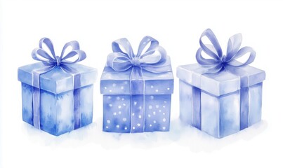 Obraz premium Blue watercolor gift boxes with ribbons, three beautifully wrapped presents in varying sizes and designs, perfect for celebrations and special occasions