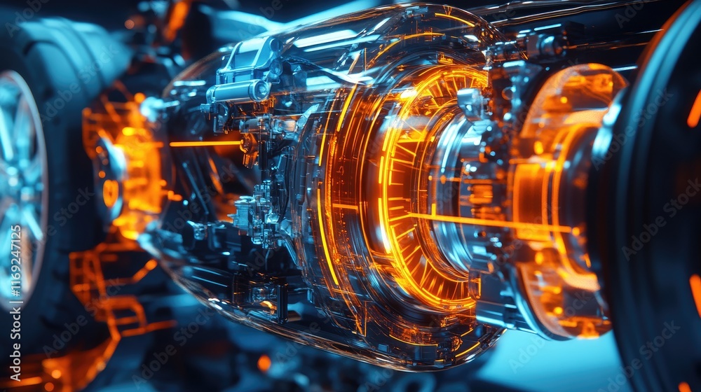 Poster a holographic visualization of a vehicle's braking system, showcasing intricate internal components 