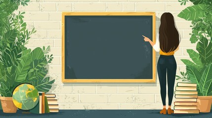 Woman pointing at blank chalkboard in classroom.