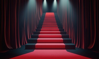 Fototapeta premium Red carpet staircase leading to spotlight, elegant venue with dramatic curtains, inviting atmosphere for events or ceremonies