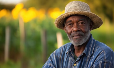 Elderly farmer portrait with straw hat, smiling against vibrant sunflower field background, showcasing rural life and agricultural heritage