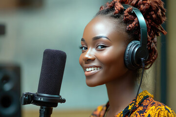 Smiling female podcaster with headphones and microphone in a modern studio, celebrating World Radio Day and creativity in broadcasting
