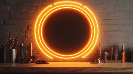 Artisan Craftsmanship in the Traditional Watchmaking Process, a neon light photography image of glowing neon outlines around a traditional watchmaking desk, with tools and components.