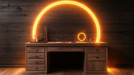 Artisan Craftsmanship in the Traditional Watchmaking Process, a neon light photography image of glowing neon outlines around a traditional watchmaking desk, with tools and components.