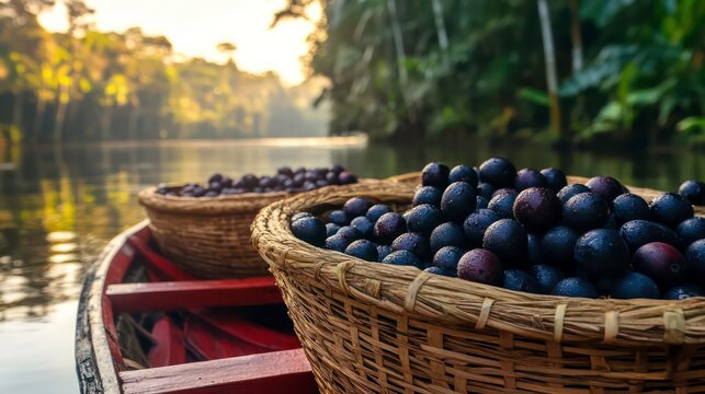 Fresh acai berries fruit in straw baskets in red boat and forest trees in the Amazon rainforest, Brazil. Concept of environment, conservation, biodiversity, healthy food, ecology, agriculture