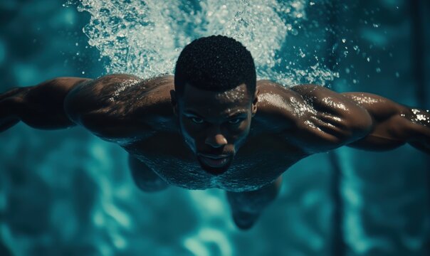 Underwater swimmer showcasing powerful stroke technique and muscular physique in clear blue pool water